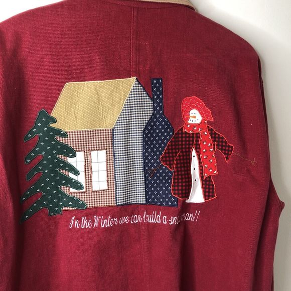 Vintage Sunbelt Denim Chore Coat Red Jean Jacket Snowman Winter Womens Small - Picture 10 of 10